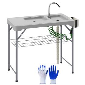 Folding Fish Cleaning Table with Sinks, Portable Camping Sink Table with Faucet, Drainage Hose, Sprayer, Shelf, Drawer and Storage Basket