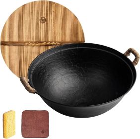 11.8" Handmade Cast Iron Wok, Small Round Bottom Wok for 1 Person with Dual Handle, Suitable for All Cooktops