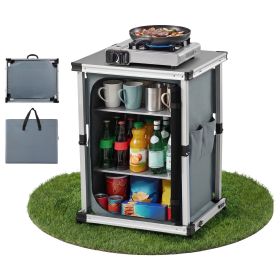 Folding Camping Storage Cabinet, Outdoor Portable Aluminum Lightweight Table, Quick Set-up Compact Kitchen Cook Station, with 3 Shelves and Carry