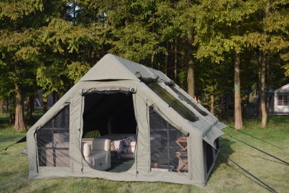 9.8 x13ft Inflatable Camping Tents with Hand Pump, Air Glamping Tents, Easy Setup Waterproof and Windproof Blow up Tent (Color: Army Green)